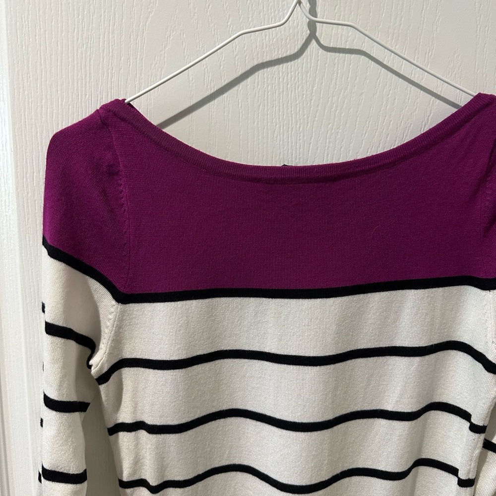 White House Black Market White Black and Purple Striped Side Button Knit Top - Picture 6 of 7